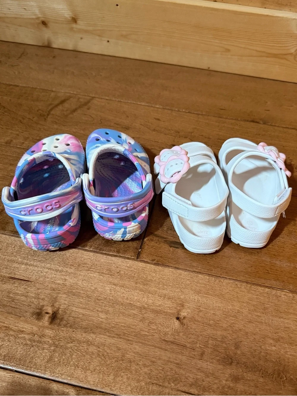 CROCS Kids White Sandals and Multi-Color Tie-Dye Clogs and first steps sandals